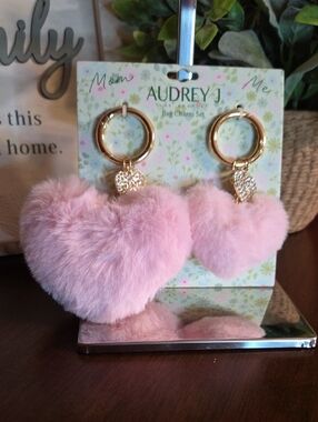 AUDREY J Pink Heart Fur Keychain Bag Charm Set